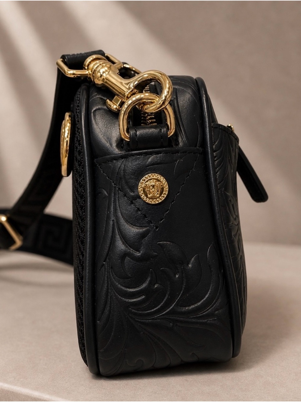 Versace Black Embossed Leather Crossbody with Gold Medusa Emblem - Picture 7 of 14